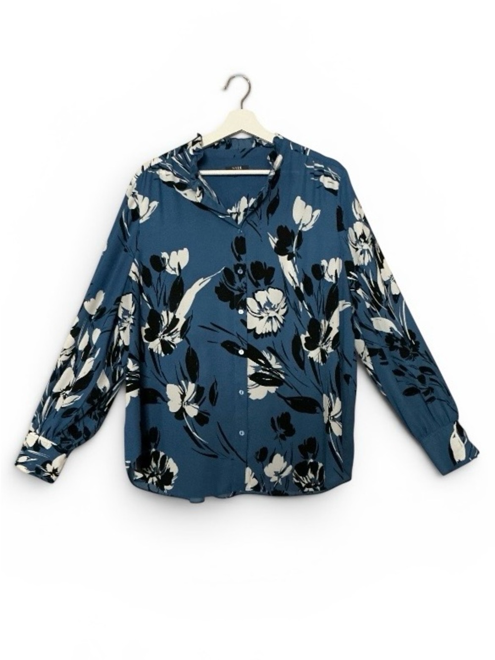 NYDJ Blue Floral Button-Down Blouse with Ruffle Collar